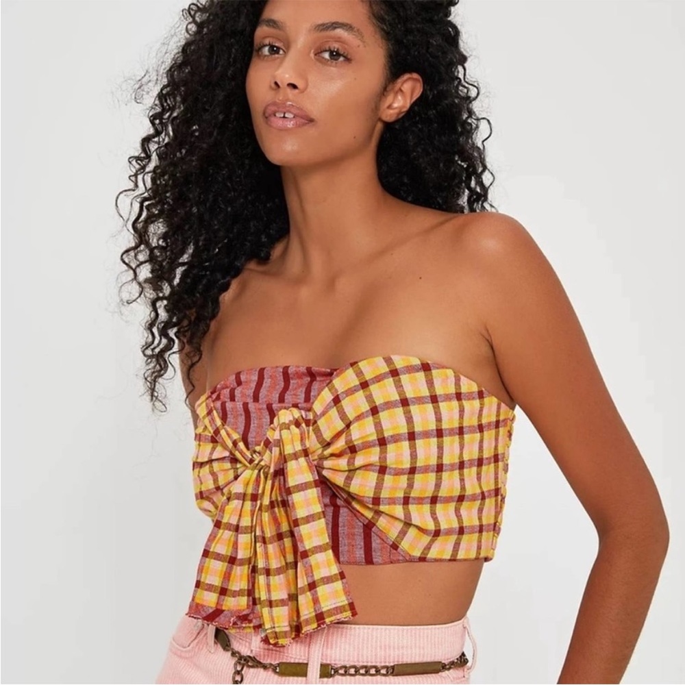 Free People Bandeau Salty Waters Tube Top  Plaid Tie Front size medium